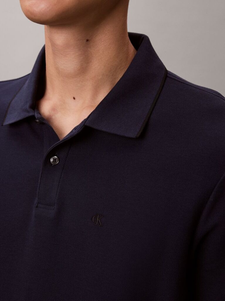 Albastru Tricou Polo Din Piqué Cu Borduri Contrastante  Barbati
