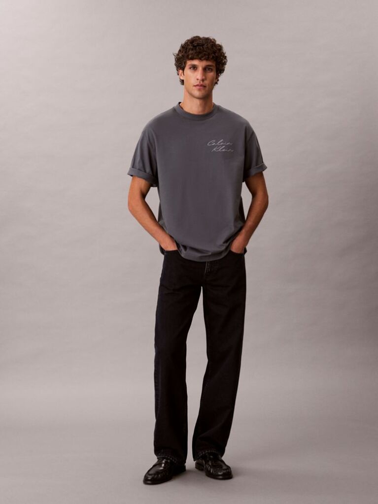 Gri Tricou Relaxat Cu Logo Script  Barbati