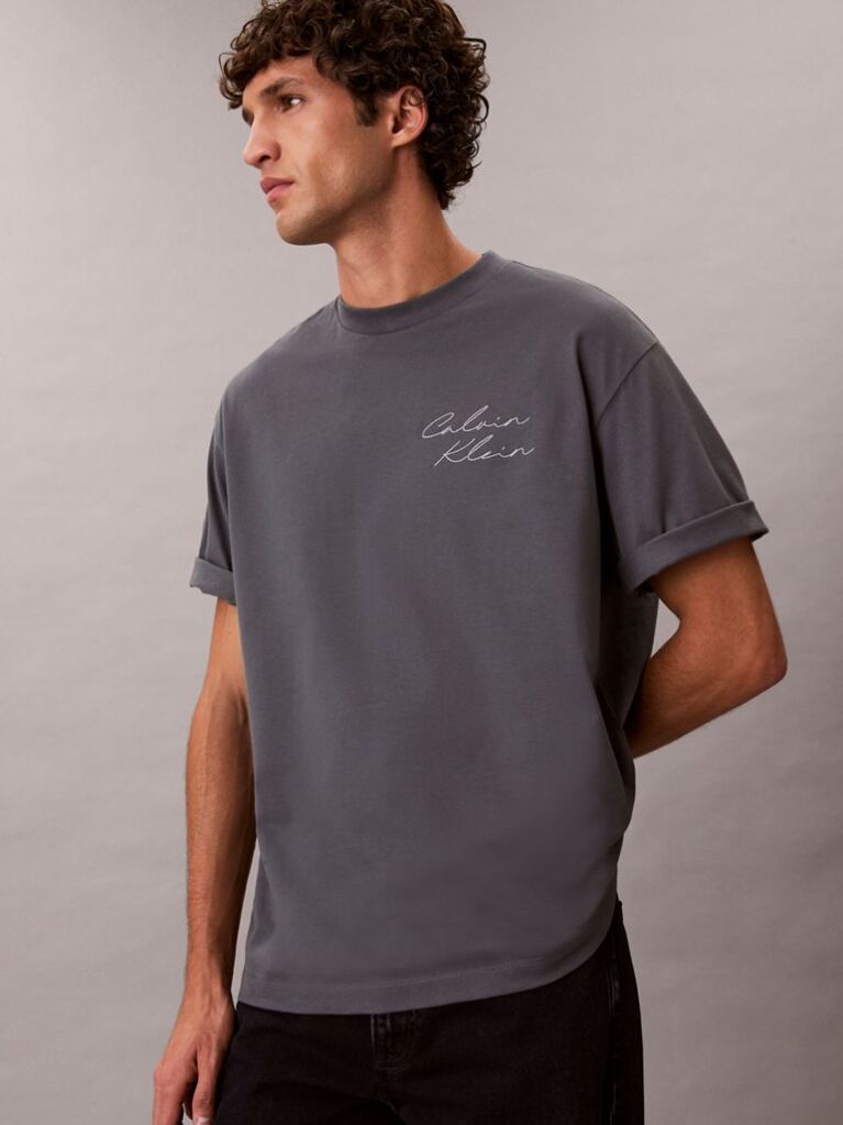 Gri Tricou Relaxat Cu Logo Script  Barbati