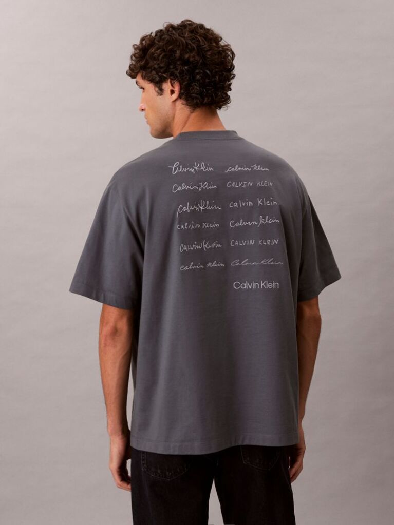 Gri Tricou Relaxat Cu Logo Script  Barbati