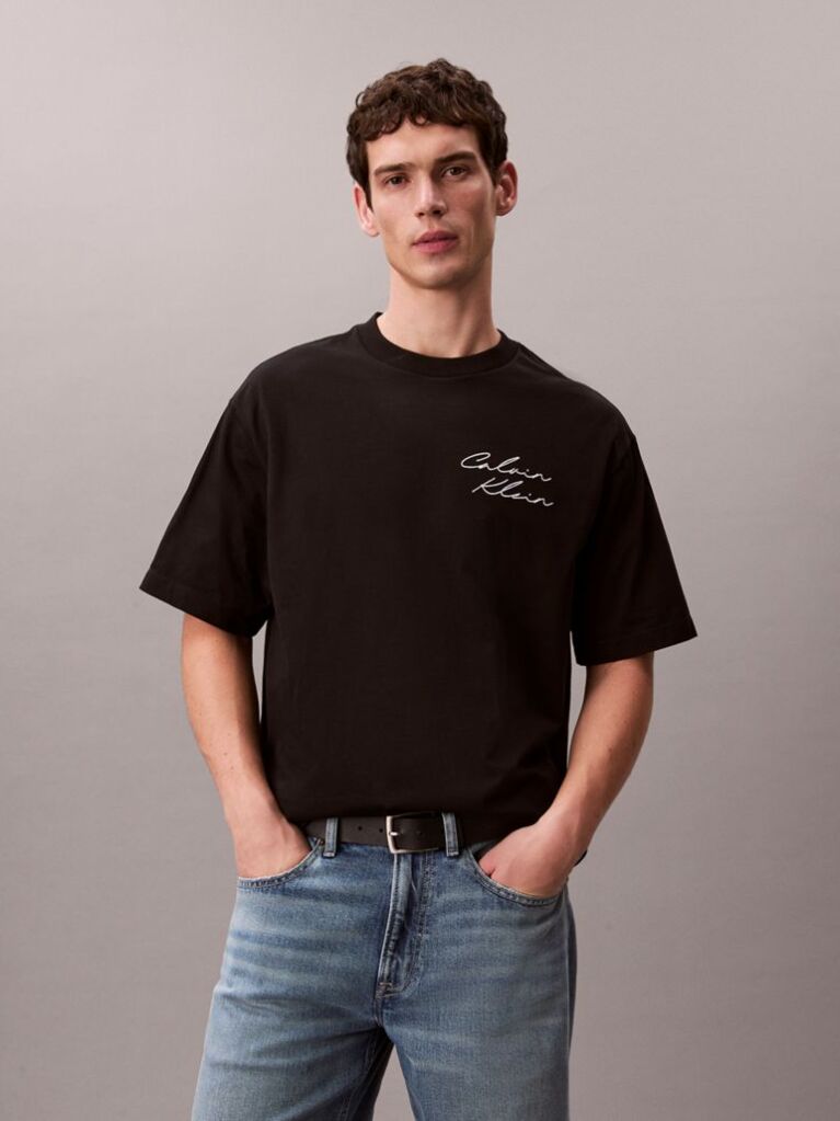 Negru Tricou Relaxat Cu Logo Script  Barbati