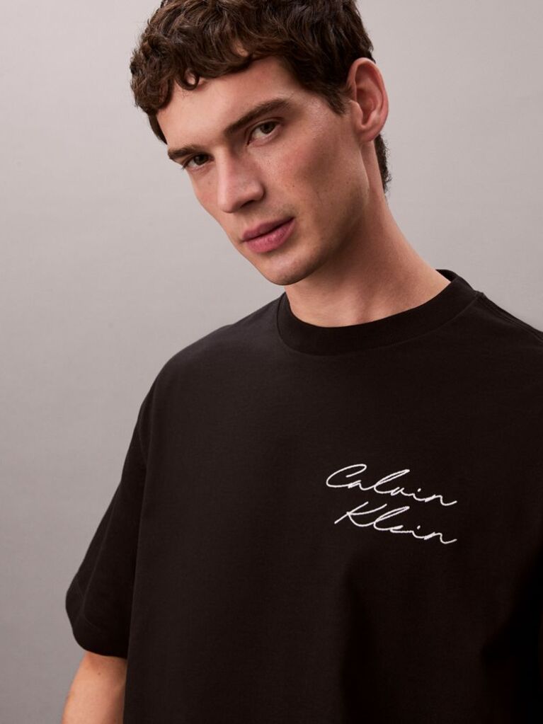 Negru Tricou Relaxat Cu Logo Script  Barbati