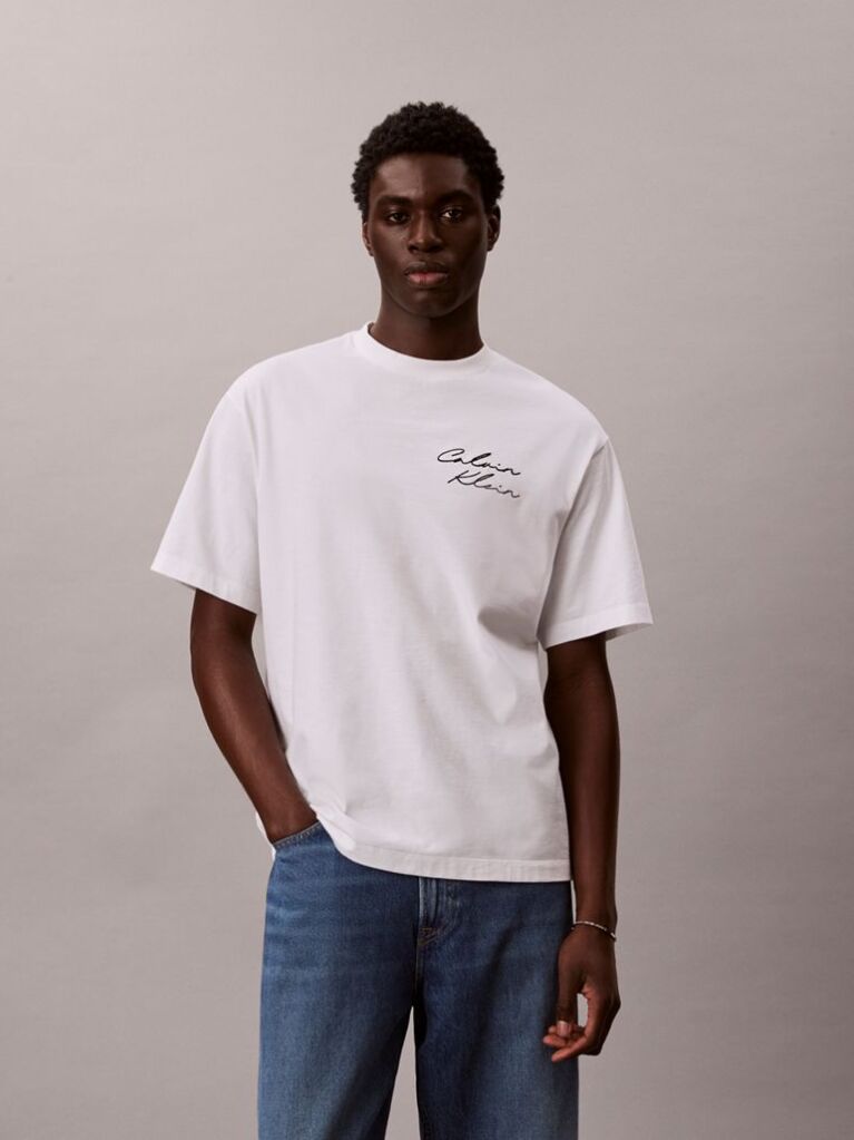 Alb Tricou Relaxat Cu Logo Script  Barbati