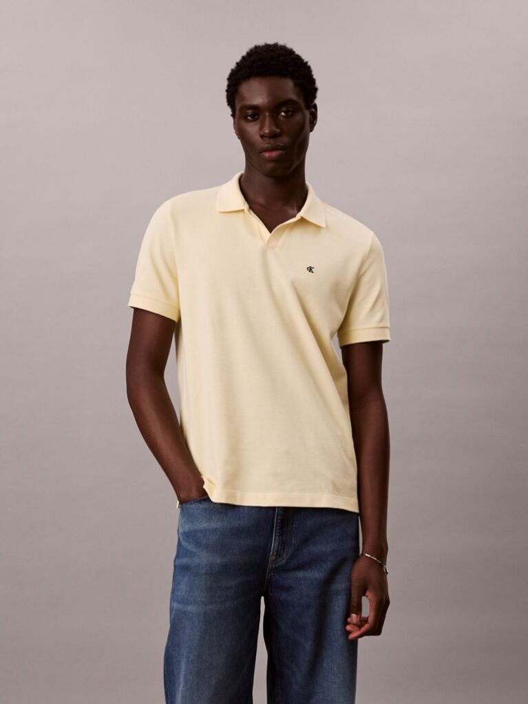 Galben Tricou Polo Din Bumbac Piqué Cu Guler Deschis  Barbati