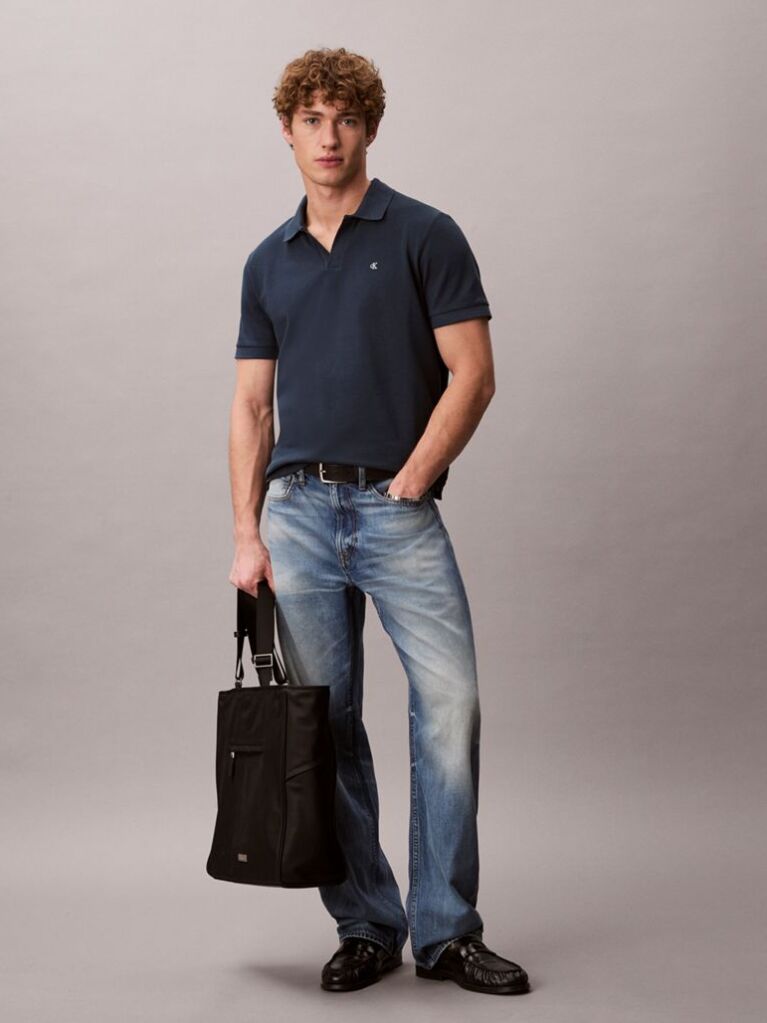 Albastru Tricou Polo Din Bumbac Piqué Cu Guler Deschis  Barbati