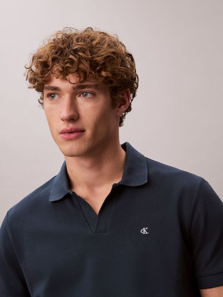 Albastru Tricou Polo Din Bumbac Piqué Cu Guler Deschis  Barbati