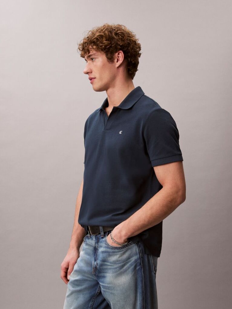 Albastru Tricou Polo Din Bumbac Piqué Cu Guler Deschis  Barbati
