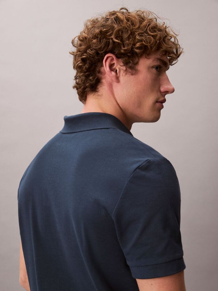 Albastru Tricou Polo Din Bumbac Piqué Cu Guler Deschis  Barbati