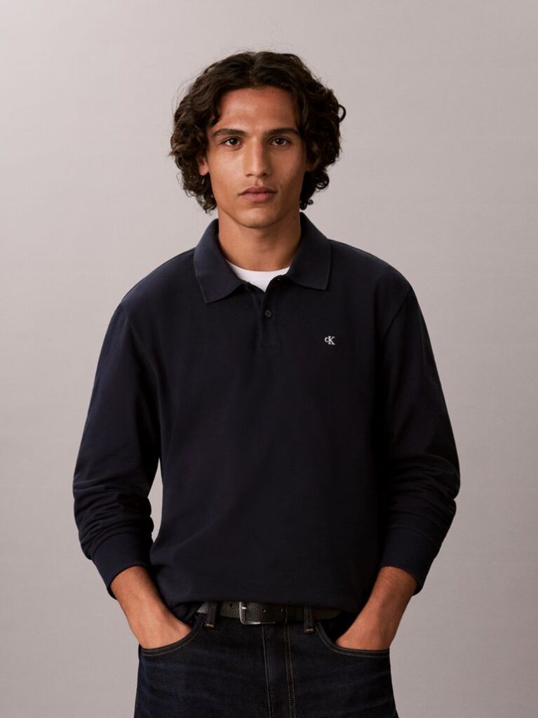 Albastru Tricou Polo Cu Maneca Lunga Si Monograma  Barbati
