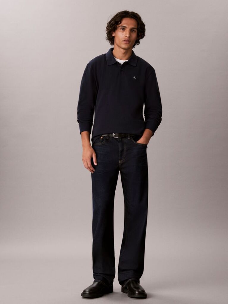 Albastru Tricou Polo Cu Maneca Lunga Si Monograma  Barbati