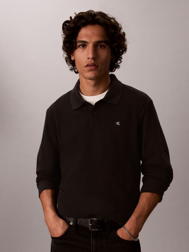 Negru Tricou Polo Cu Maneca Lunga Si Monograma  Barbati