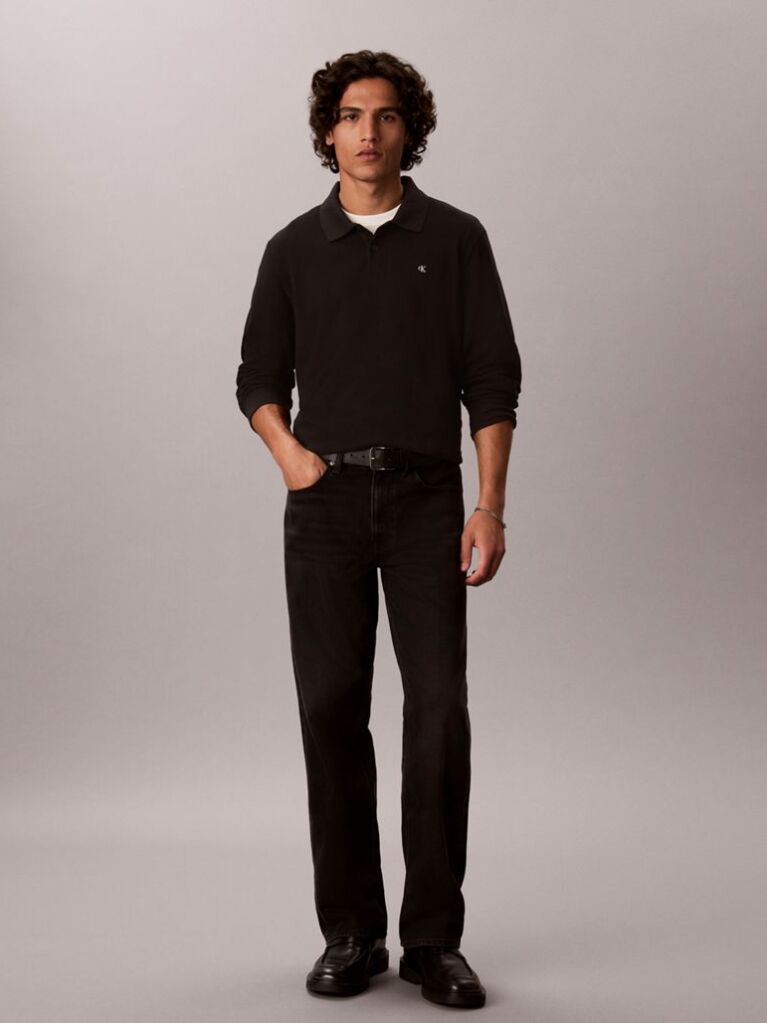 Negru Tricou Polo Cu Maneca Lunga Si Monograma  Barbati