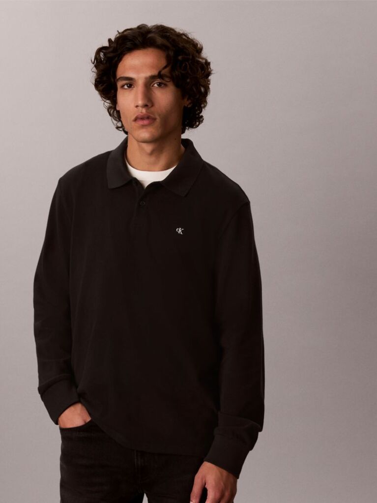 Negru Tricou Polo Cu Maneca Lunga Si Monograma  Barbati