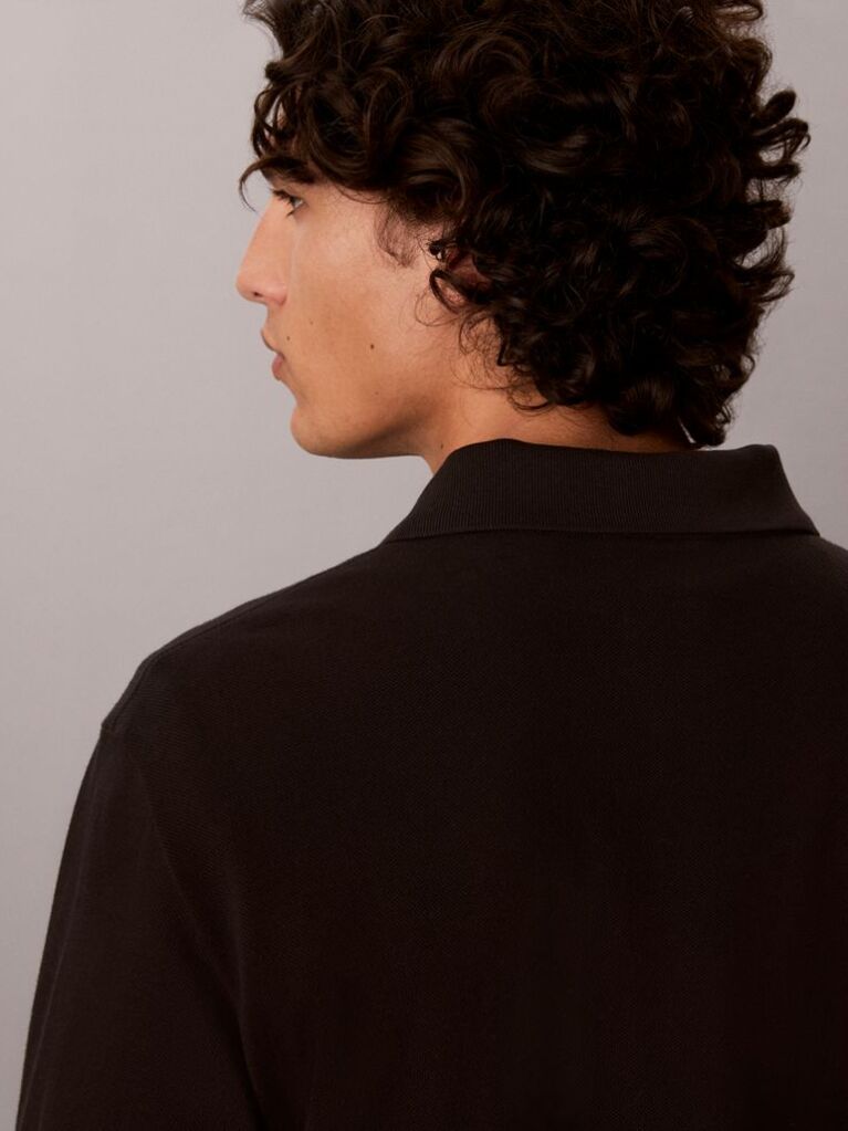 Negru Tricou Polo Cu Maneca Lunga Si Monograma  Barbati