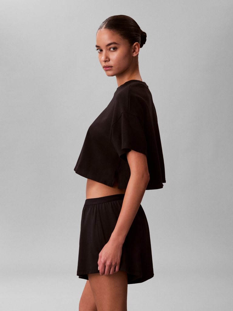 Negru Tricou De Plaja Cropped  Femei