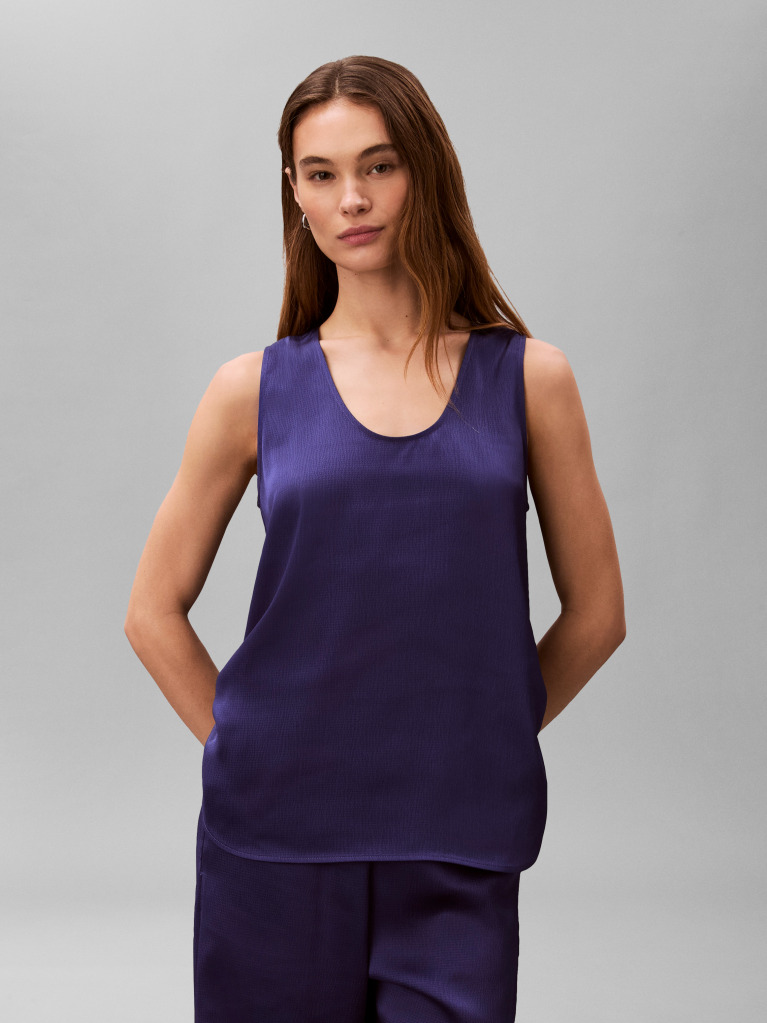 Albastru Top Cu Guler Rotund Din Satin Texturat  Femei