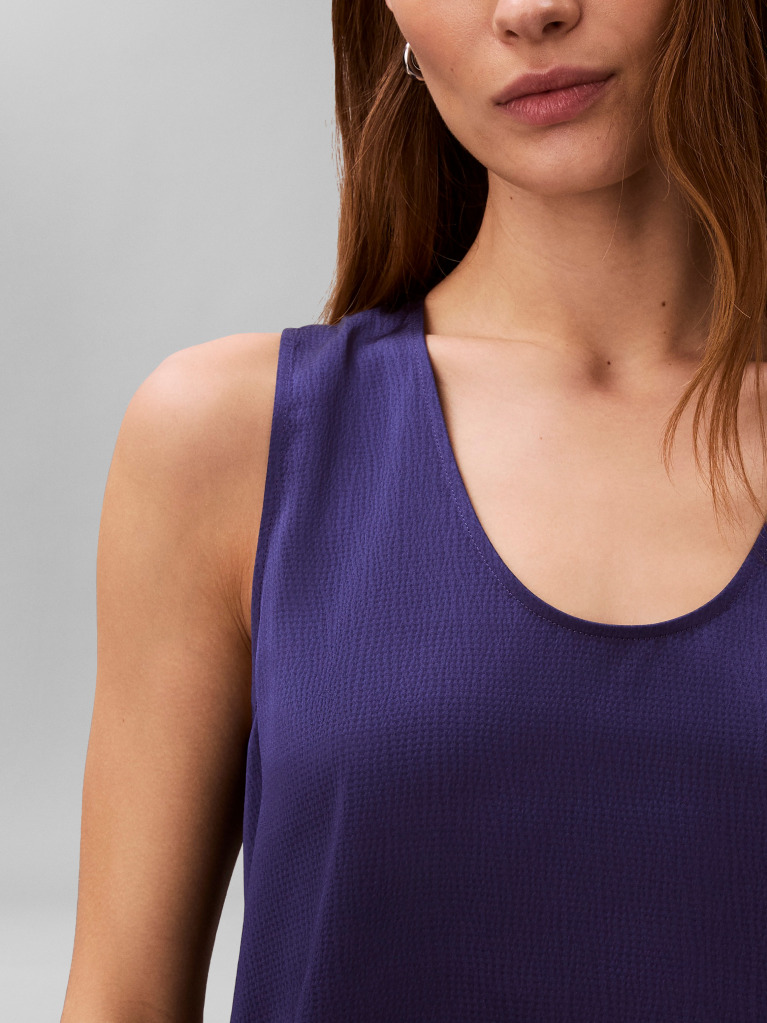 Albastru Top Cu Guler Rotund Din Satin Texturat  Femei