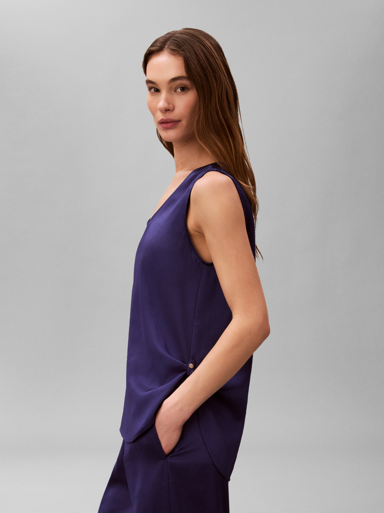 Albastru Top Cu Guler Rotund Din Satin Texturat  Femei