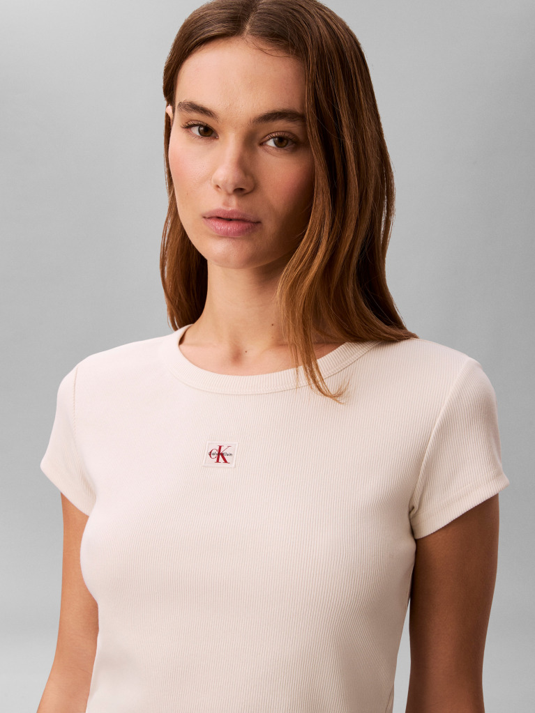 Alb Tricou Slim Din Bumbac Reiat Cu Emblema  Femei