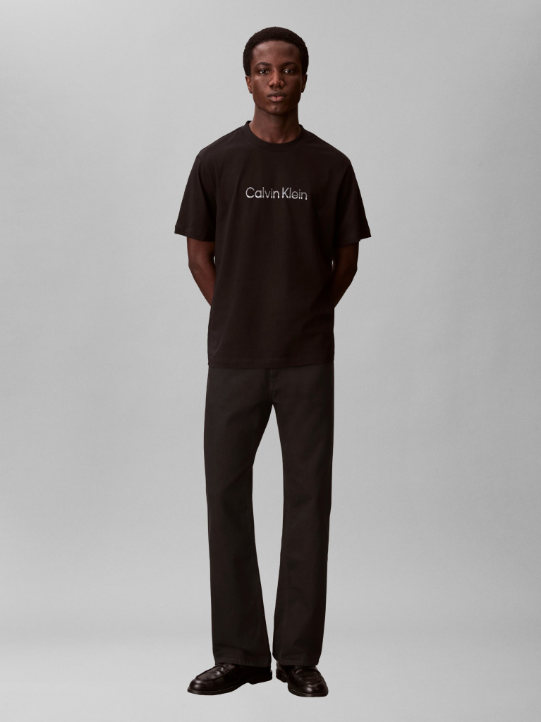 Negru Tricou Cu Guler Rotund Si Logo Estompat  Barbati