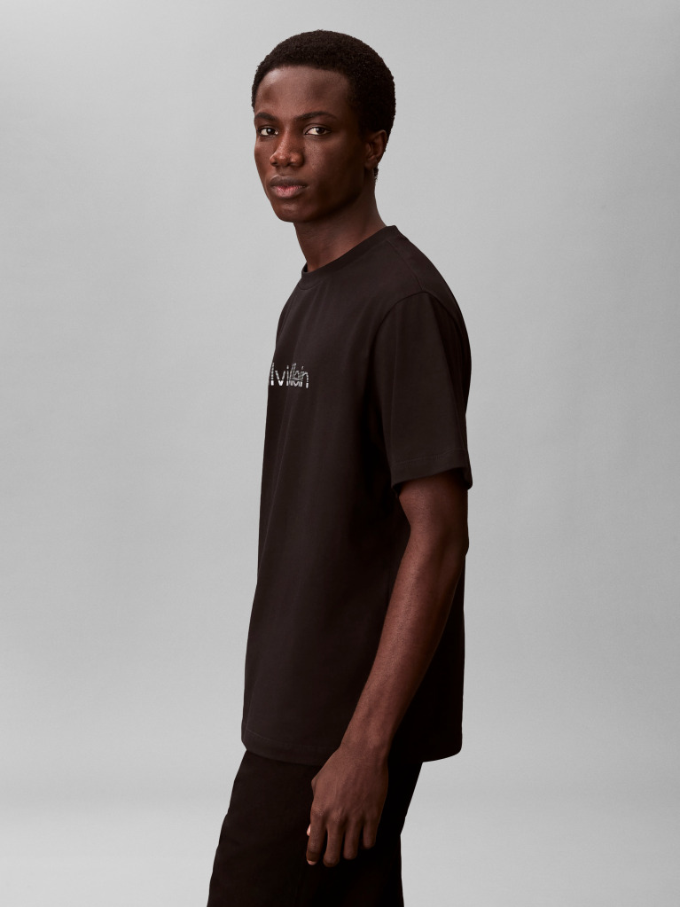 Negru Tricou Cu Guler Rotund Si Logo Estompat  Barbati