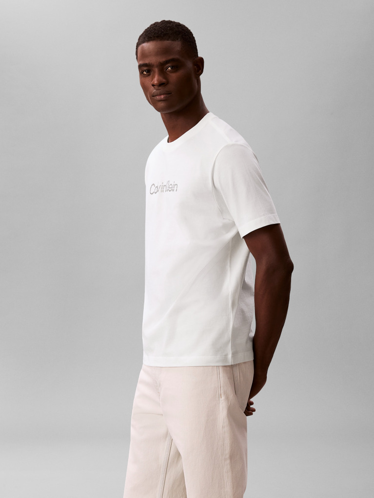 Alb Tricou Cu Guler Rotund Si Logo Estompat  Barbati