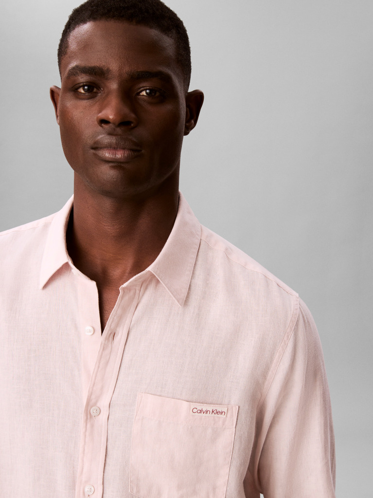 Portocaliu Camasa Clasica Din In Cu Maneca Lunga  Barbati