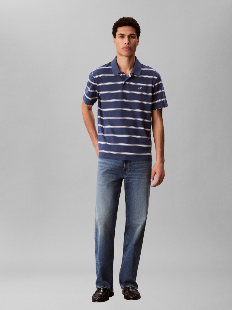Albastru Tricou Polo Cu Maneca Scurta Din Jersey Cu Dungi  Barbati
