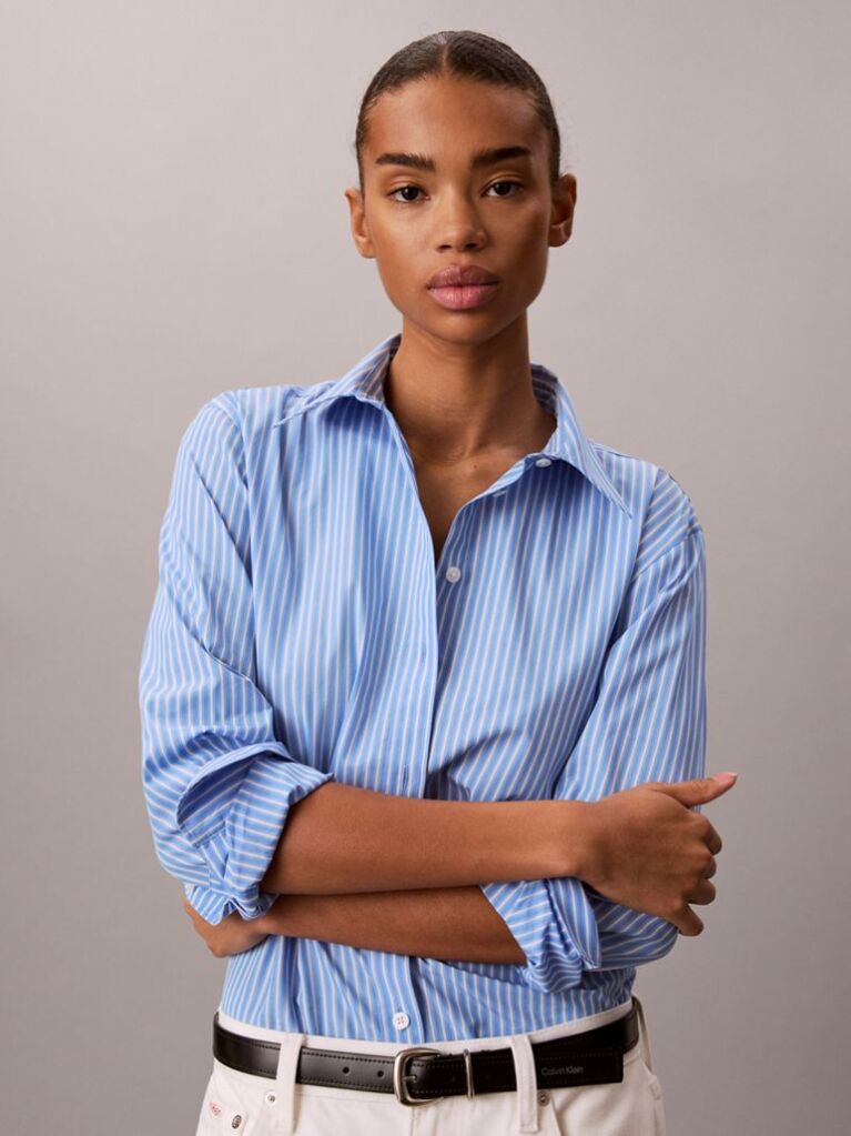 Blue Yarndye Cotton Poplin Regular Shirt  Women