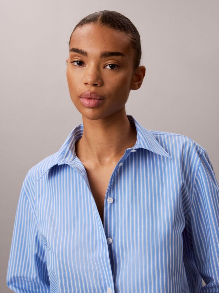 Blue Yarndye Cotton Poplin Regular Shirt  Women