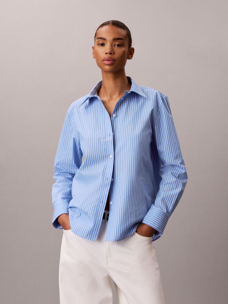 Blue Yarndye Cotton Poplin Regular Shirt  Women