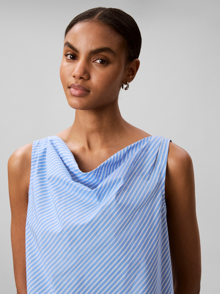 Blue Yarndye Cotton Poplin Slim Drape Top  Women
