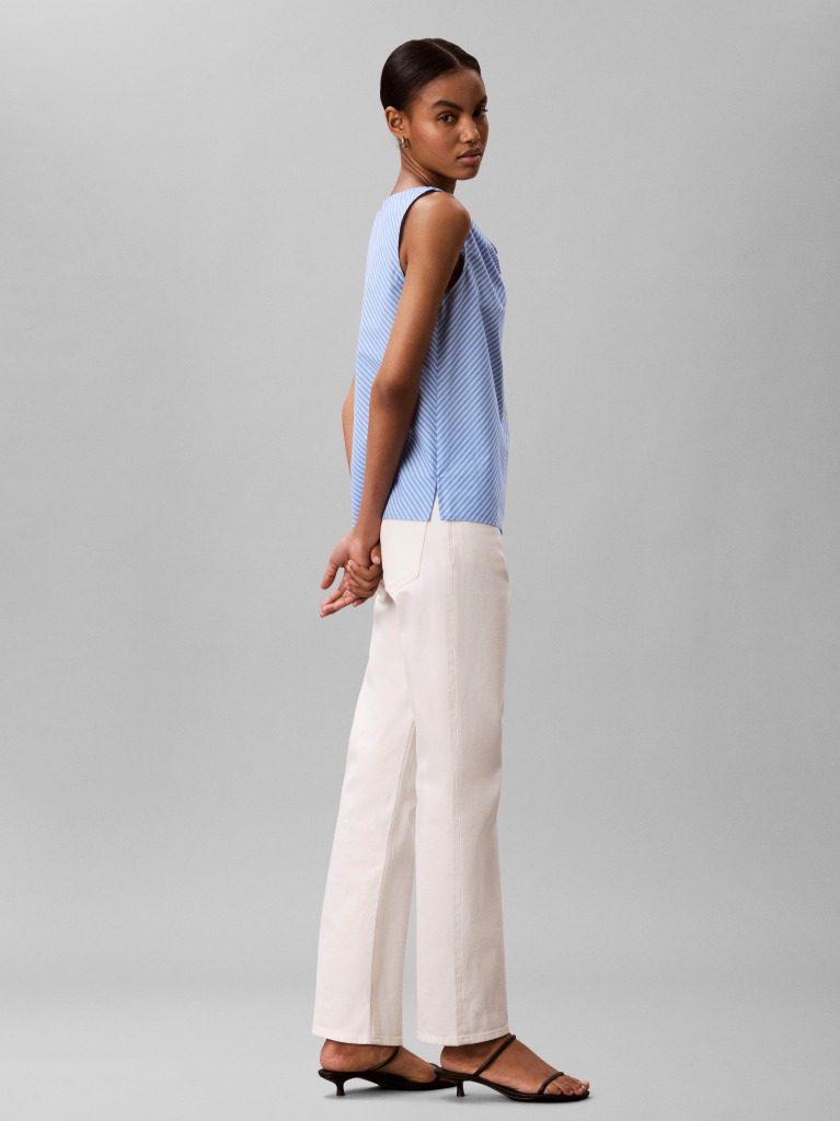 Blue Yarndye Cotton Poplin Slim Drape Top  Women