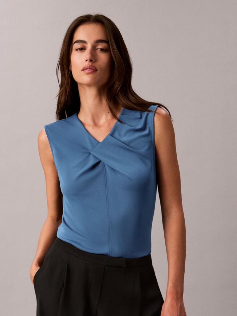 Blue Crepe Jersey V-Neck Sleeveless Top  Women