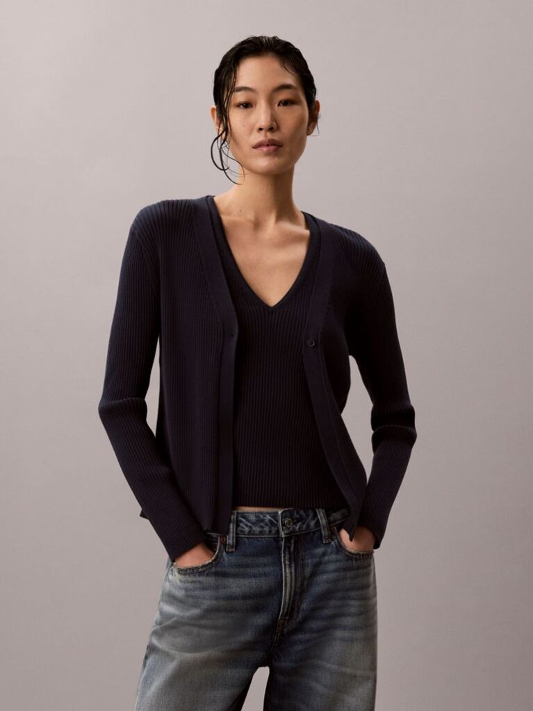 Albastru Set Cardigan Cu Maneca Lunga Si Maiou Reiat  Femei