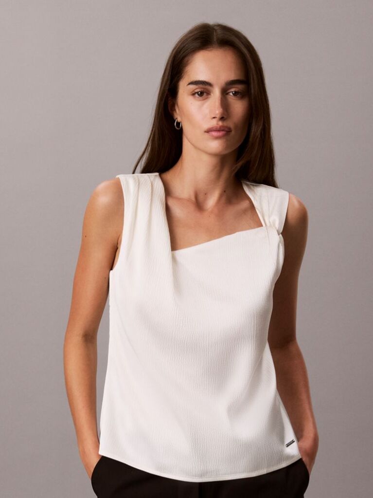 Alb Top Din Satin Texturat Cu Detaliu Rasucit  Femei