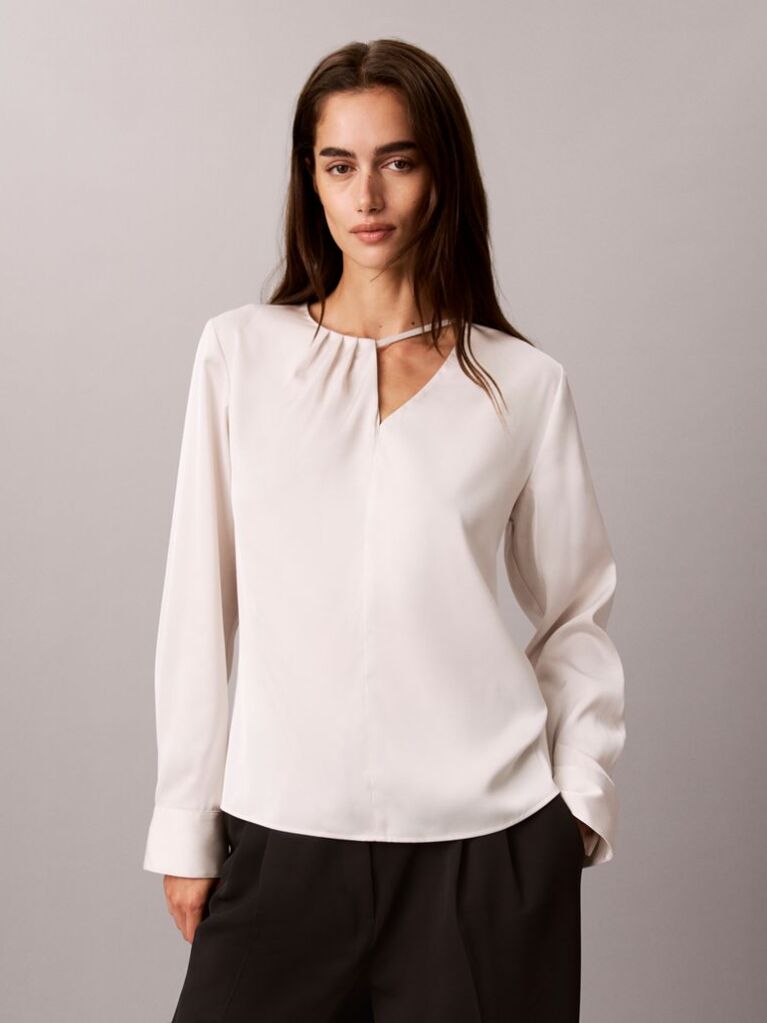 Alb Bluza Asimetrica Din Satin Cu Maneca Lunga  Femei