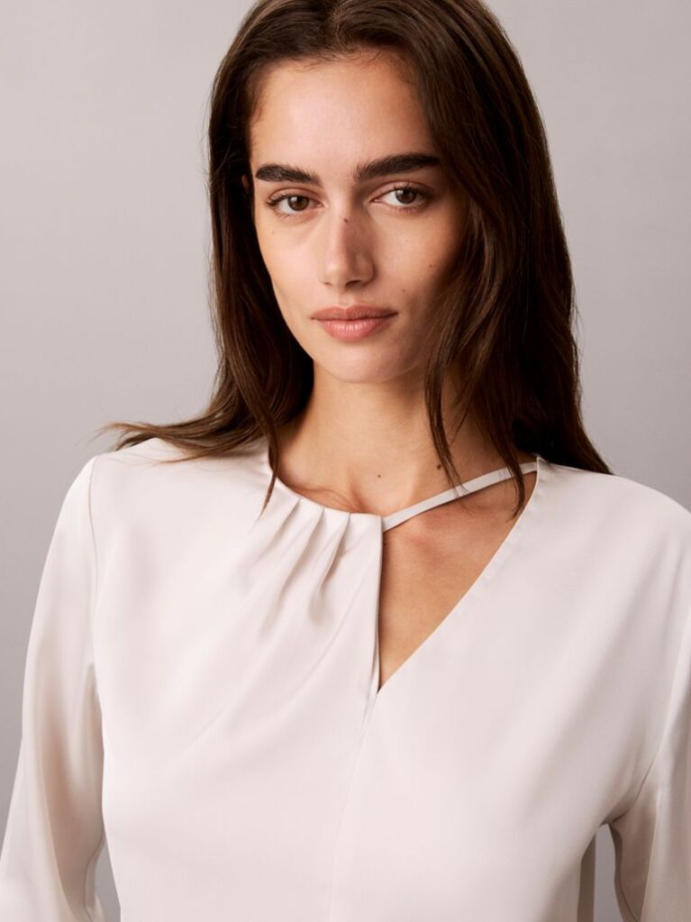 Alb Bluza Asimetrica Din Satin Cu Maneca Lunga  Femei
