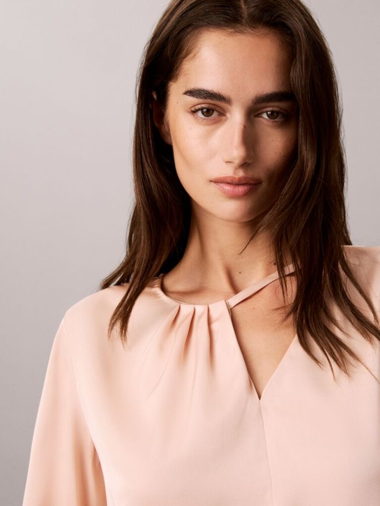 Roz Bluza Asimetrica Din Satin Cu Maneca Lunga  Femei