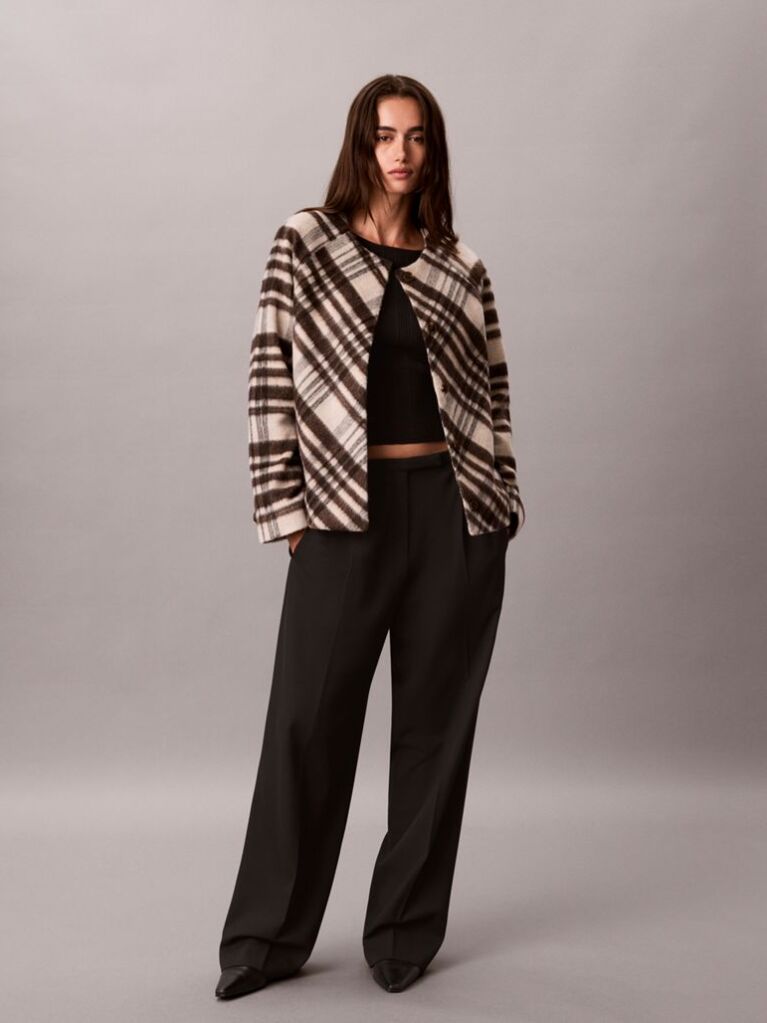 White Plaid Check Wool Blend Jacket  Women