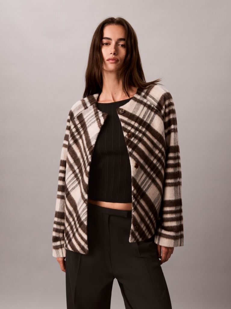 White Plaid Check Wool Blend Jacket  Women
