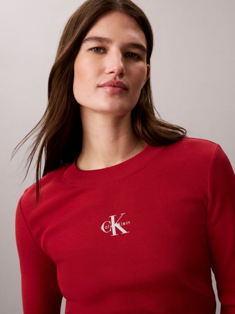 Red Monogram Logo Long Sleeve Baby Tee  Women