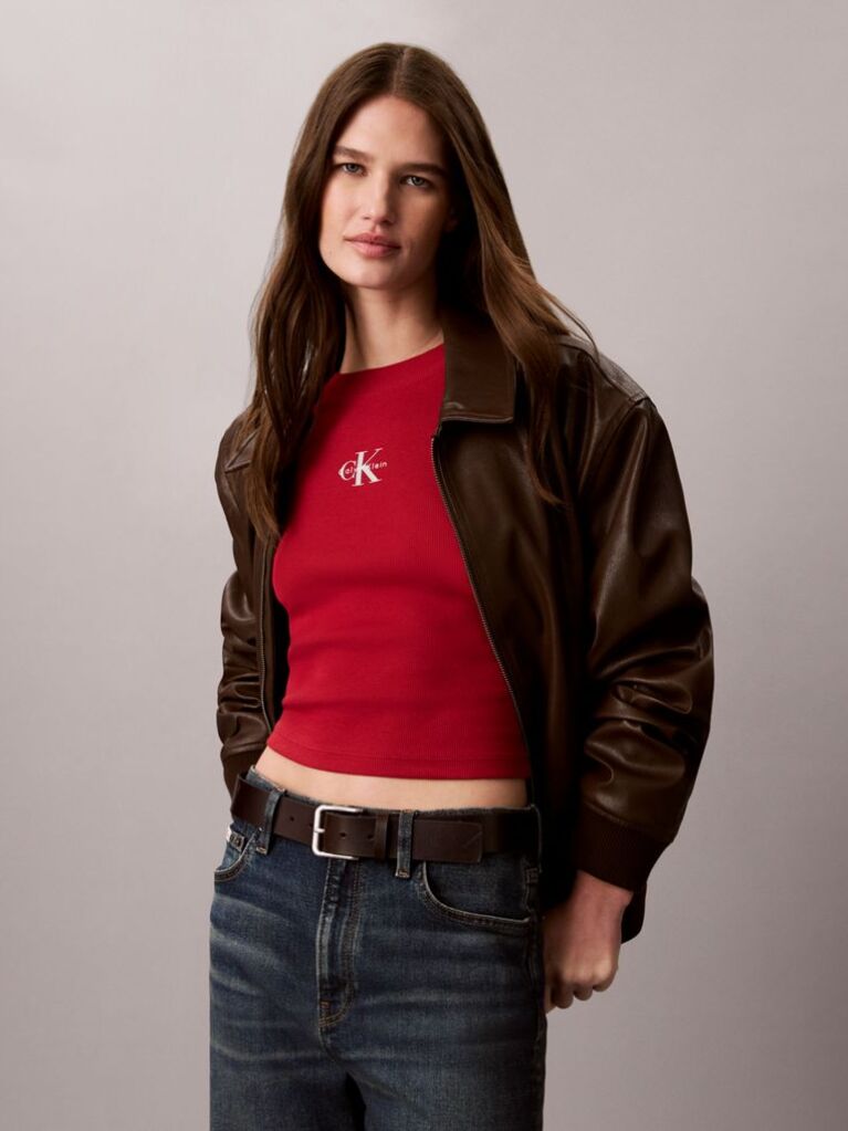 Red Monogram Logo Long Sleeve Baby Tee  Women