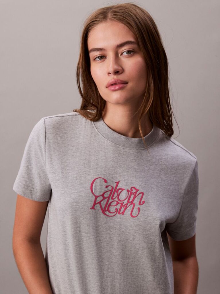 Gri Tricou Slim Cu Imprimeu Grafic Si Logo Script  Femei