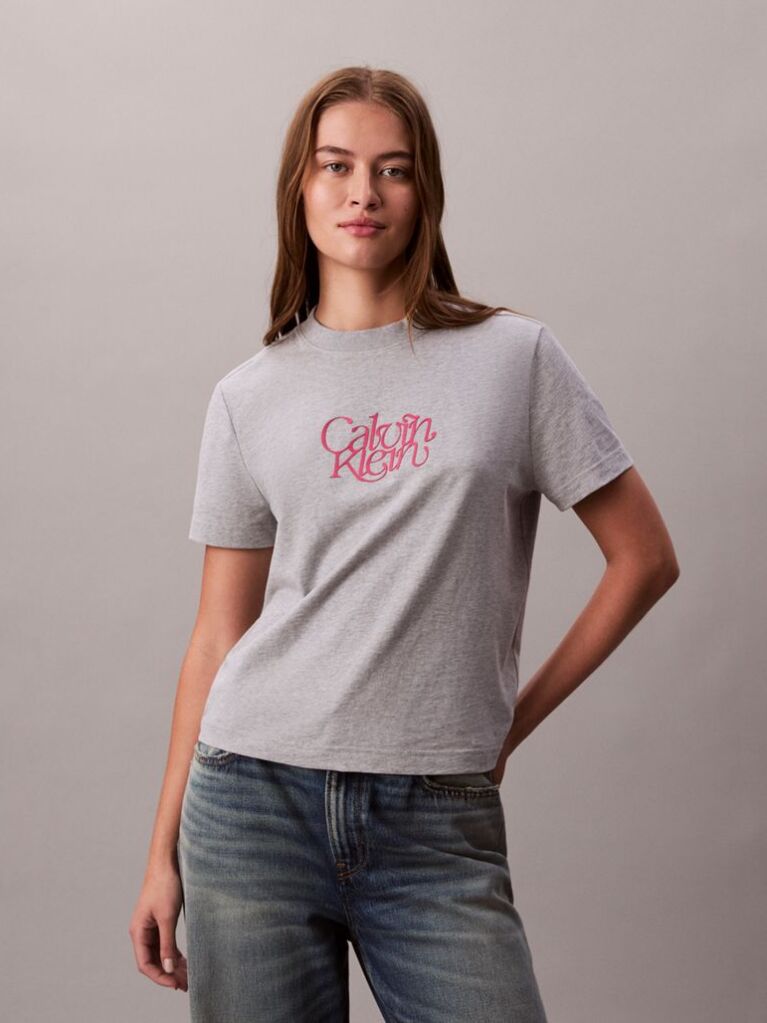 Gri Tricou Slim Cu Imprimeu Grafic Si Logo Script  Femei