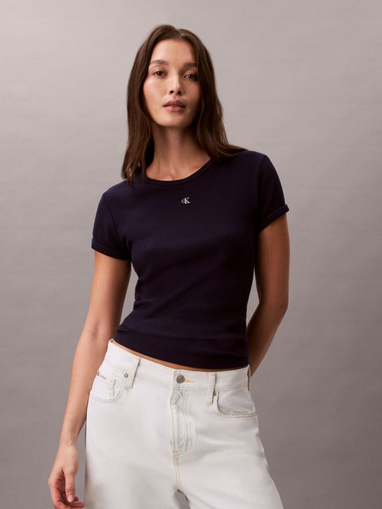 Mov Tricou Slim Din Waffle Cu Maneca Scurta Si Aplicatie Monogram  Femei