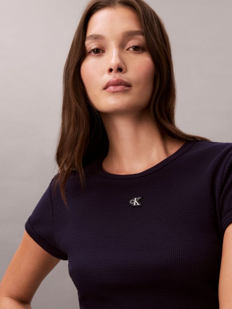 Mov Tricou Slim Din Waffle Cu Maneca Scurta Si Aplicatie Monogram  Femei