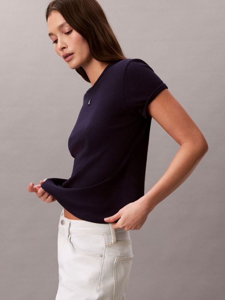 Mov Tricou Slim Din Waffle Cu Maneca Scurta Si Aplicatie Monogram  Femei