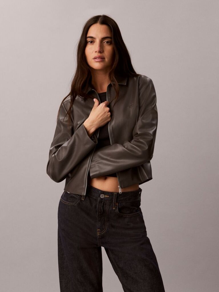 Grey Faux Leather Zip-Up Shirt Jacket  Women