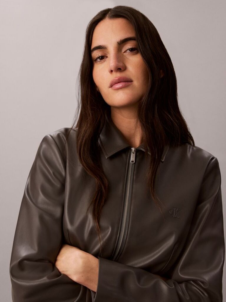 Grey Faux Leather Zip-Up Shirt Jacket  Women